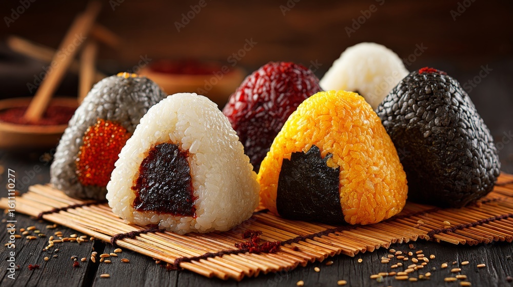 Obraz premium A delightful selection of onigiri rice balls with different fillings, beautifully arranged on a bamboo mat, showcasing the colors and textures.