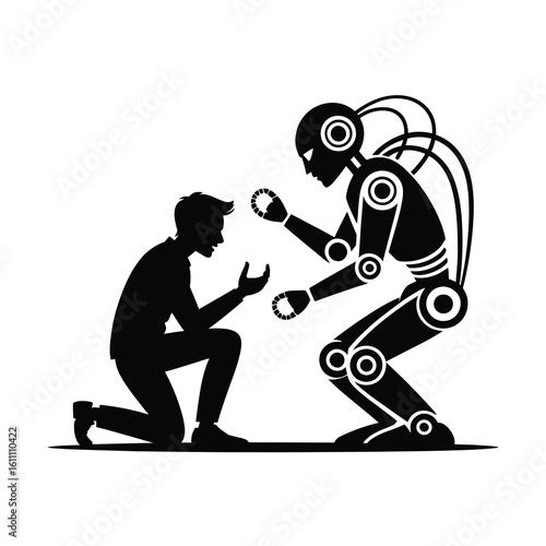 Human begging robot for help silhouette isolated on white background