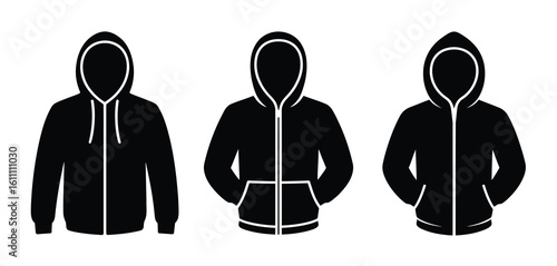 Three black hoodies with drawstrings and pockets