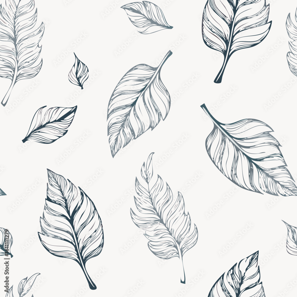 Fototapeta premium Hand-drawn Seamless Leaf Pattern in Monochrome Style