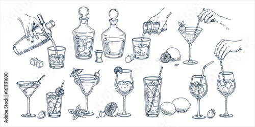 Hand drawn collection of various alcoholic and non alcoholic cocktails and drinks beverage