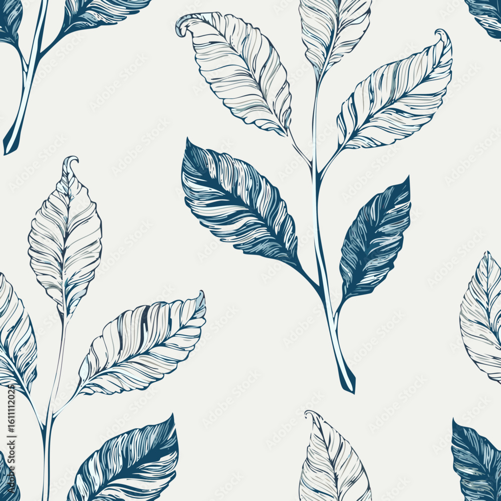 Fototapeta premium Hand-drawn Seamless Leaf Pattern in Monochrome Style