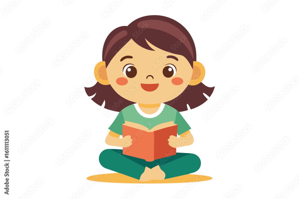 Adorable vector illustration of a cute cartoon girl with long brown hair, smiling while reading a teal book. Adorable vector illustration of a cute cartoon girl with long brown hair, smiling while reading a teal book.