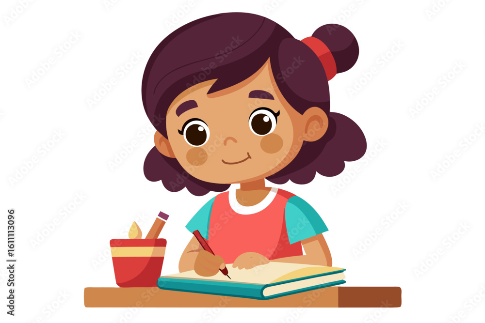 Adorable vector illustration of a cute cartoon girl with long brown hair, smiling while reading a teal book. Adorable vector illustration of a cute cartoon girl with long brown hair, smiling while reading a teal book.