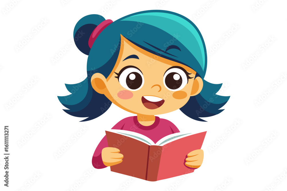Adorable vector illustration of a cute cartoon girl with long brown hair, smiling while reading a teal book. Adorable vector illustration of a cute cartoon girl with long brown hair, smiling while reading a teal book.