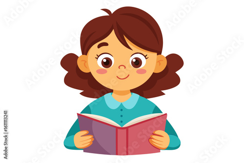 Adorable vector illustration of a cute cartoon girl with long brown hair, smiling while reading a teal book. 