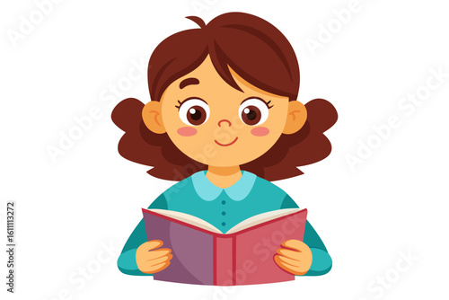 Adorable vector illustration of a cute cartoon girl with long brown hair, smiling while reading a teal book. 