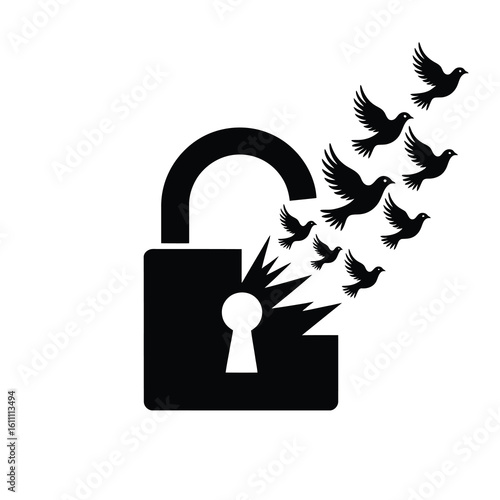 Lock breaking apart with birds flying out silhouette isolated on white background