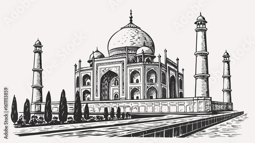 Illustration of the taj mahal with its dome and minarets in a black and white sketch style drawing