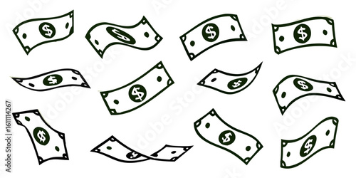 Falling dollar banknotes icon, money rain isolated on white background. money business concept, American dollar falling set. USD paper notes flying in the air.