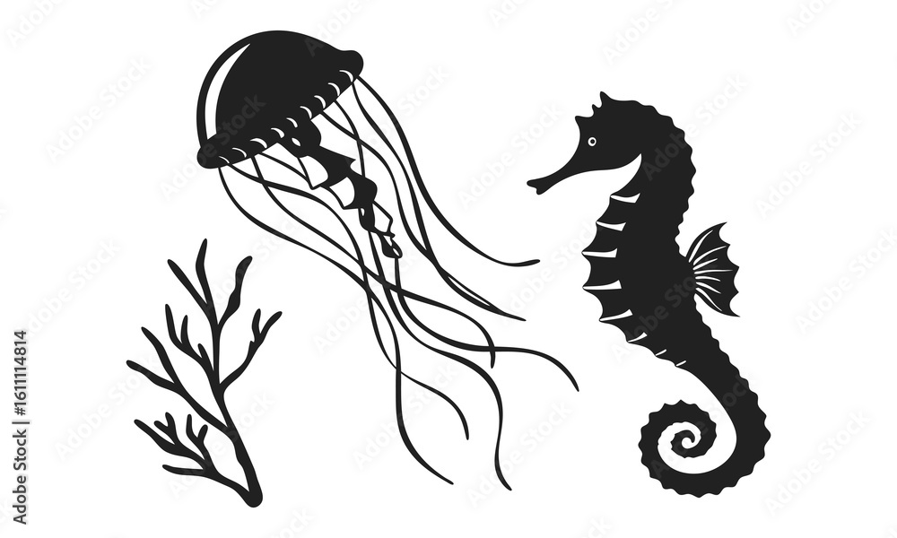 Obraz premium Underwater Sea Life Silhouette Vector Set – Jellyfish, Seahorse, Coral & Seashell