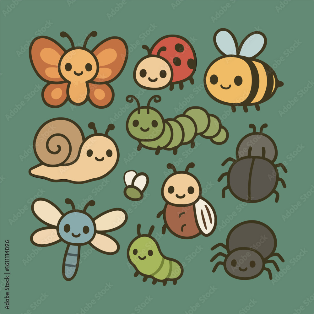 Naklejka premium Cute chibi insects and bugs
