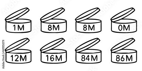 Expiration icons set, after product opening symbols 1M,3M, 6M, 9M, 12M, 24M, 36M. sign for label of product.