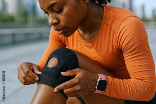 Female athlete preparing knee brace, ready for fitness training