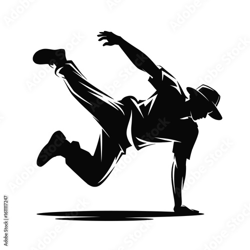Breakdancer performing a dynamic move silhouette isolated on white background
