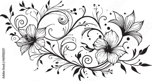 Black and white floral seamless pattern with vintage swirl ornate flower vector illustration and line art pattern