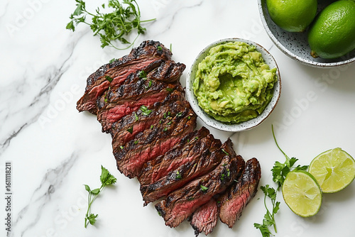 Marinated skirt steak, sliced with fresh herbs and guacamole, an elegant Valentine's Day presentation