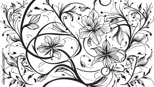 Black and white seamless vintage floral pattern with leaves and ornate flower illustrations, floral pattern line art, line pattern, and vintage line floral