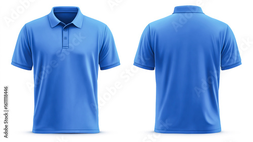 Set of blue polo shirts isolated on a white background, front and back view, in a realistic vector style