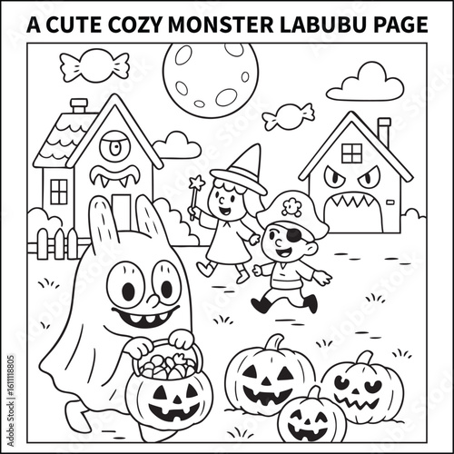 A cozy monster, a ghost, a witch, and a pirate on Halloween. Bold and easy coloring pages for kids, teens, and adults