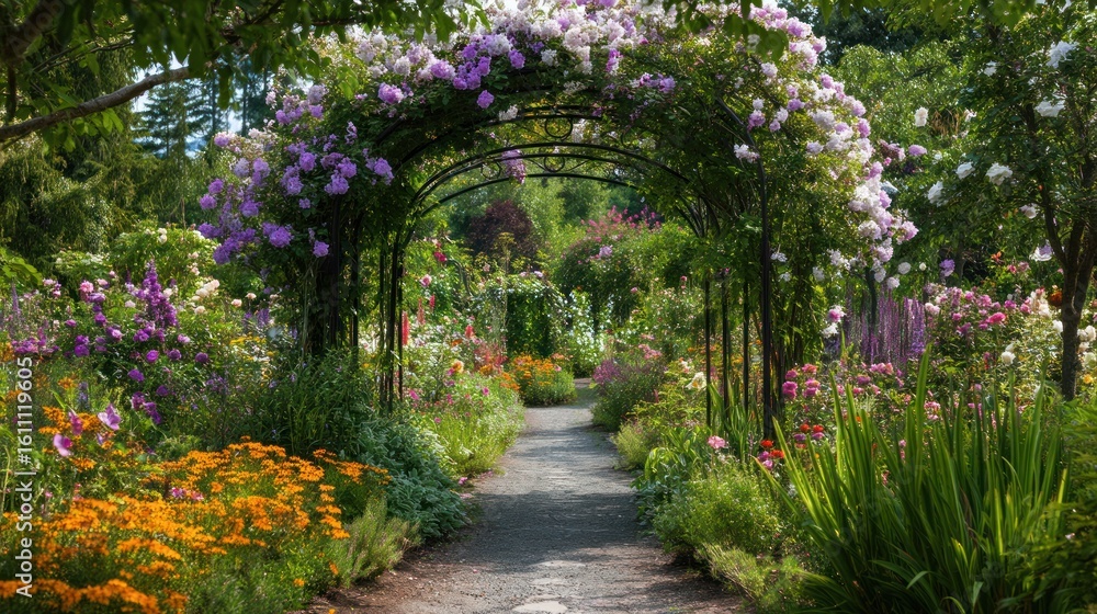 Butterflies drifting through a colorful garden archway Butterflies drifting through a colorful garden archway