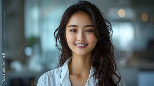 Serene and attentive Chinese therapist with a patient smile in a minimalist office