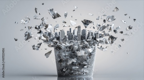 Shattering glass container revealing cityscape inside symbolizing urban fragility and forceful disruption
