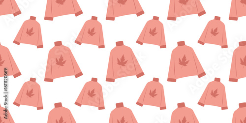 Autumn themed seamless pattern featuring sweaters, jackets in flat style. Hand drawn vector illustration for digital and print projects