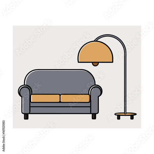  A black sofa and lamp icon, illustrating stylish home furnishings in a simple graphic design