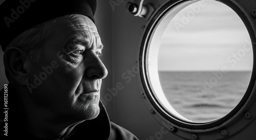 An aging sailor gazes out the porthole, reflecting on a lifetime at sea