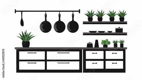 Kitchen interior with hanging pans and plants on shelves and counter in monochrome illustration silhouette