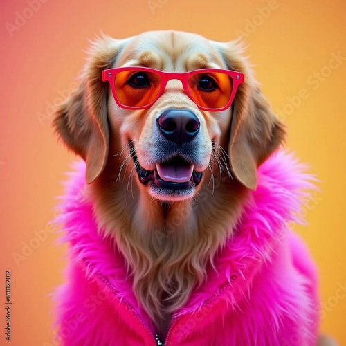 Stylish Golden Retriever with Pink Fur Coat and Red Sunglasses on Gradient Background
