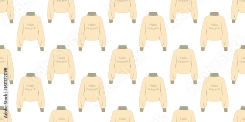 Fall clothing seamless pattern with sweaters, jackets in flat style. Hand drawn autumn illustration for creative marketing materials