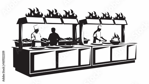 Illustration of chefs cooking at food stations with flames above and plates on the counter space area silhouette
