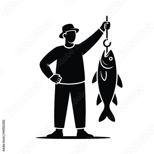 Fisherman holding a large fish silhouette isolated on white background