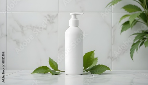 White candle with green leaves and milk bottle on green background