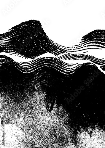 Grunge mountain landscape with wavy lines – abstract black and white vector texture.