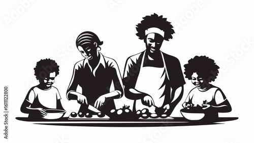 Black and white illustration of a family preparing food together in the kitchen with smiles on their faces silhouette