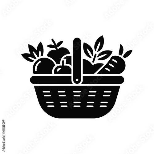 Fresh produce basket silhouette isolated on white background