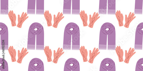 Fall outfit seamless pattern featuring scarves and gloves in flat style. Autumn vector illustration for branding and social media