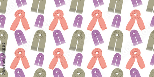 Seasonal autumn clothing seamless pattern with scarves pin flat style. Hand drawn vector illustration for print and online projects