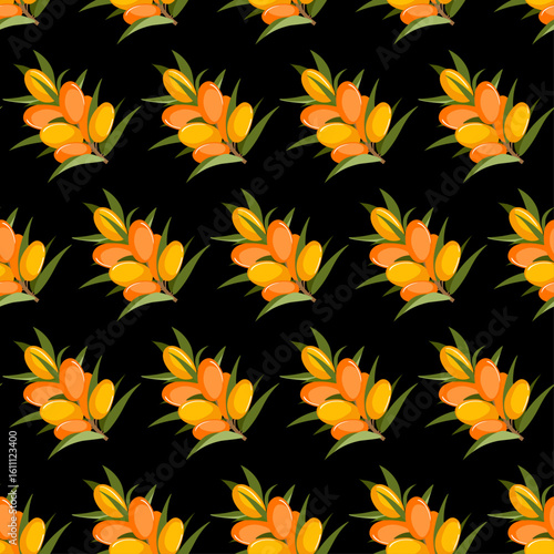 seamless pattern of yellow orange sea buckthorn fruits on a twig on a black background.eps