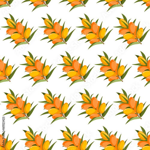 seamless pattern of yellow orange sea buckthorn fruits on a twig on a transparent background