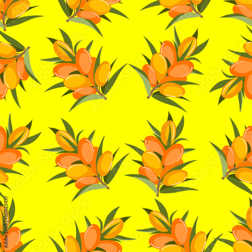 seamless pattern of yellow orange sea buckthorn fruits on a twig on a yellow background2.eps