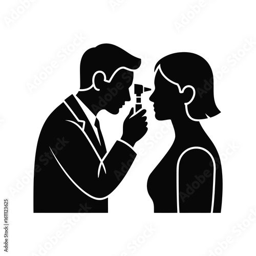 Doctor examining patient s eye with otoscope silhouette isolated on white background