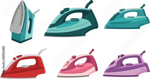 Colorful electric irons collection, modern steam iron set, household ironing tools, vector illustration of flat irons, clothes pressing equipment, home appliance icon clipart