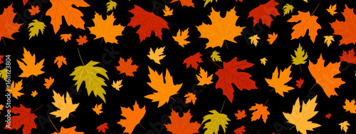 seamless pattern of red, yellow maple leaves on a black background.Close-up, long.eps