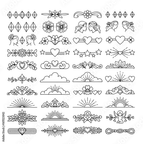 Text dividers with hearts doodle set. Wedding decorative elements. Divider ornament, borders, lines. Hand drawn vector illustration isolated on white background
