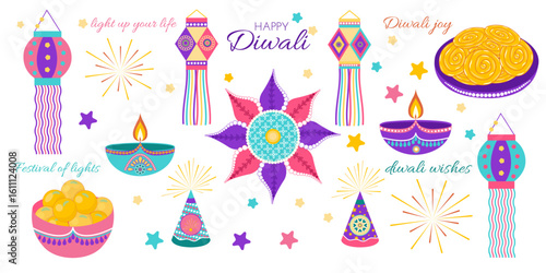 Festive Diwali celebration set with rangoli, lamps, fireworks, diyas and sweets, laddoo, jalebi,  in flat style. Deepavali vector illustration for banners, posters and social media