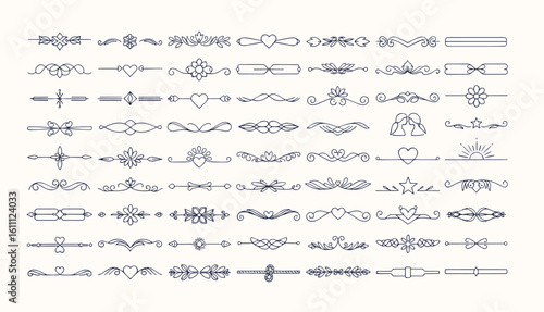 Text dividers with hearts doodle set. Wedding decorative elements. Divider ornament, borders, lines. Hand drawn vector illustration isolated on white background